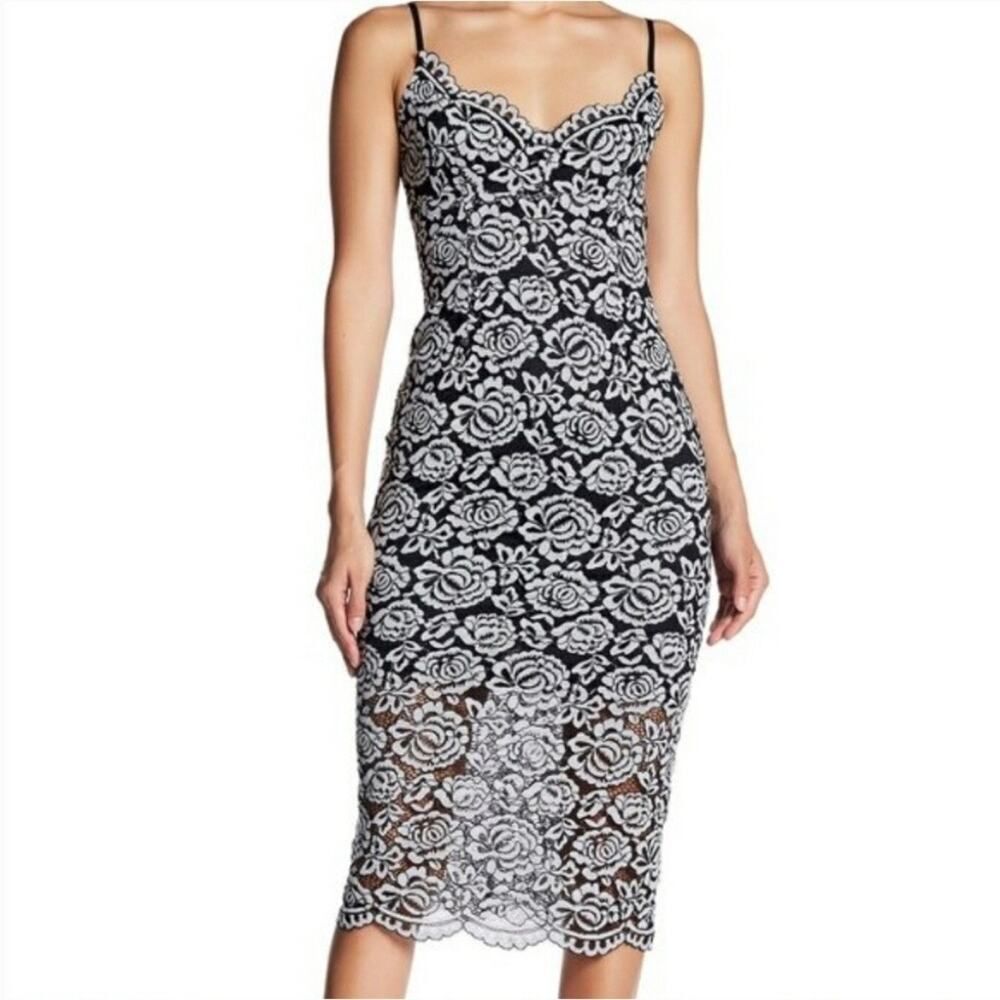New NSR Black & White Floral Lace Midi Length Dress Size Medium